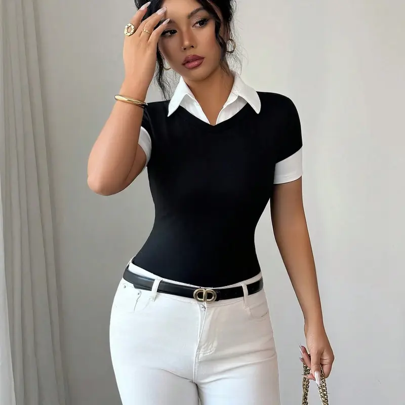 Elegant Women's V-Neck Slim Fit Short Sleeve Summer T-Shirt, Casual Summer Chic, Casual Trendy Minimalist Style Top Womenswear, Perfect for Parties, Dates, Office, Graduation, Christmas, Valentine's Day