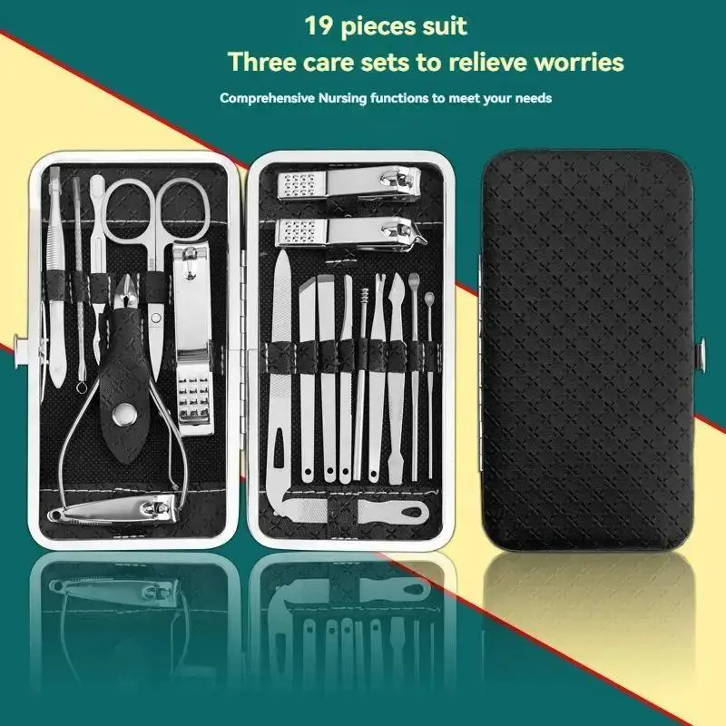 19Pcs Stainless Steel Manicure Set Nail Clippers Cuticle Nipper Scissors Household Nail Tools