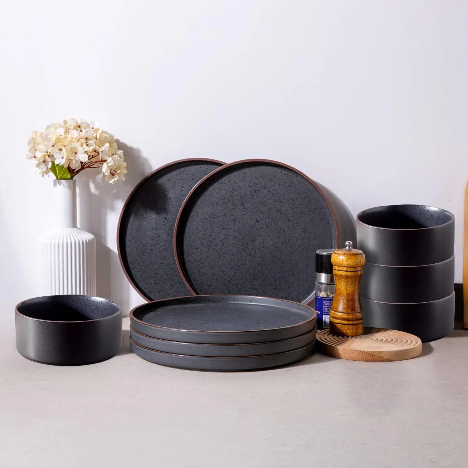 Ceramic Dinnerware Sets of 4, High Edge Stoneware Plates and Bowls Set, Chip and Crack Resistant | Oven & Dishwasher & Microwave Safe Dishes Set, Service for 4 -Ashen