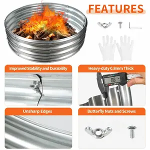 3/4/5 FT Diameter Camp Fire Ring Pit, Large Round Galvanized Steel Fire Pit, Heavy Duty Silver Steel Fire Pit for Backyard, Camping, Bonfire Patio Fire Pit Fire Pit Set