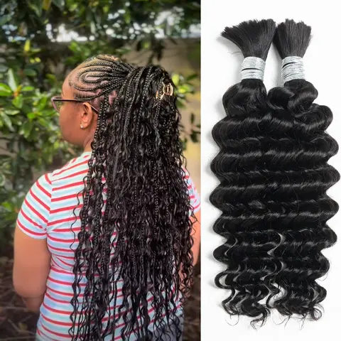 [Style Icon] Human Hair Deep Wave Bulk Hair Extensions for Boho Knotless Braiding Virgin Human Hair 95g/pack