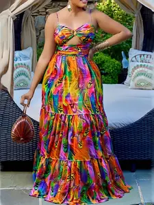 Sexy printed hollow out patchwork suspender multicolor dress