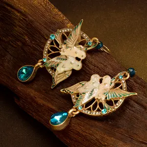 Vintage Swallow & Dreamcatcher Earrings with Blue Crystal | Aesthetic Chinese Style Dangle Jewelry