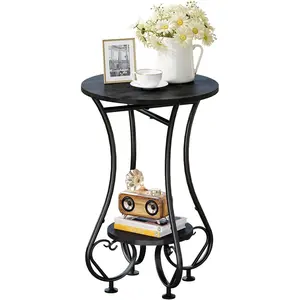 Small round side table, suitable for small spaces - black metal nightstand with adjustable legs, sofa coffee table, vintage-style decorative table for living room, bedroom, or balcony