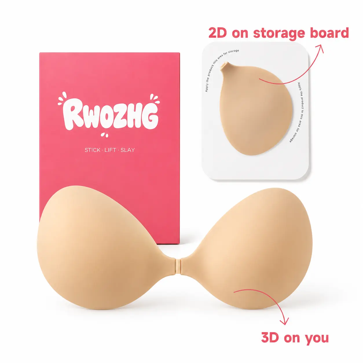 RWOZHG Sticky Bra – Reusable Silicone Adhesive Push Up Bra for Women, Waterproof & Sweatproof Invisible Strapless Bra for Backless Dresses, Includes Storage Board & Replacement Pads