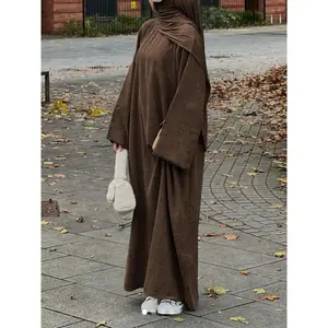 Women's Solid Corduroy Arabian Dress without Hijab, Modest Casual Long Sleeve Round Neck Dress for Daily Wear, Ladies Islamic Clothing for All Seasons