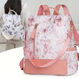 New Chinese Style Silvery Butterfly Print Bag for Women PU Soft This Year's Popular Versatile Single Shoulder Double Shoulder Handbag Trendy Anti-theft School Bag Large Capacity Simple Commuting Outdoor Travel Work Women's Backpack