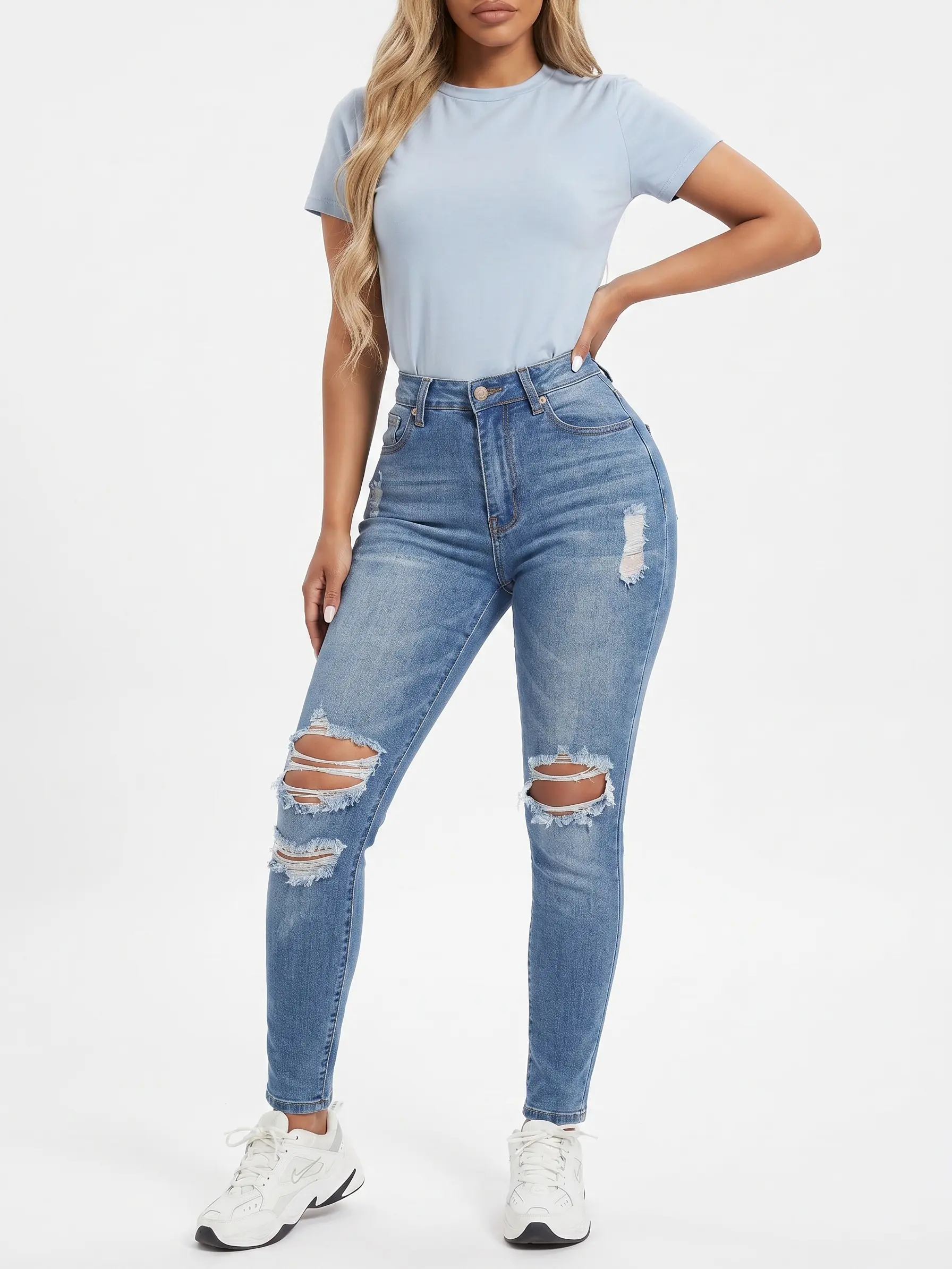High-Waisted Ripped Skinny Jeans for Women — Stretchable distressed denim, butt-lifting fit, casual streetwear y2k clothes summer daily wear tight