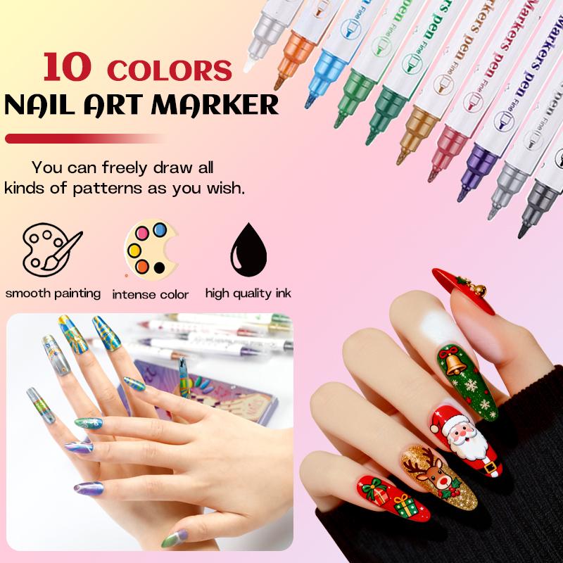 10-Color Quick-Dry Nail Polish Markers, 3D Metallic Nail Art Pens with Fine Tip for Precise Drawing, Easy-Control Liner Kit for Gel, Acrylic & Natural Nails, Beginner Friendly DIY Manicure Tools for Salon & Home, Nail Art Supplies Gift for Women & Kids