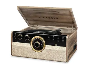 Victrola 6-in-1 Wood Empire Mid Century Modern Bluetooth Record Player with 3-Speed Turntable, CD, Cassette Player and Radio - Farmhouse Walnut