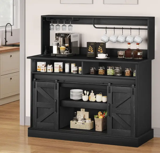 Yitahome 47"/52" Farmhouse Buffet Cabinets with Sliding Barn Door, Coffee Bar with Goblet Holder & Power Outlet, Sideboard Buffet Cabinets with Storag