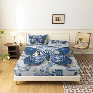 3Pcs Luxury Blue & White Butterfly Print Microfiber Bed Fitted Sheets Sets, Including 1 Count Fitted Sheet & 2 Counts Pillowcase without Filler, Soft Comfortable Bedding Set For Home Bedroom, Decorative Bedsheet Sets, Breathable Durable Sheets