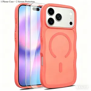 3PCS (1 Phone Case + 2 Tempered Glass Screen Protectors) Luxury Wavy Frame for Magnetic Case For iPhone 17 16 15 14 13 12 Pro Max Air Plus Slim Matte Magnet Wireless Charge Cover