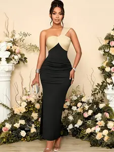 Elegant Women's Long Dress for All Seasons, Asymmetrical Shoulder Sleeveless Knit Formal Wear Party Dress, Perfect for Weddings and Events
