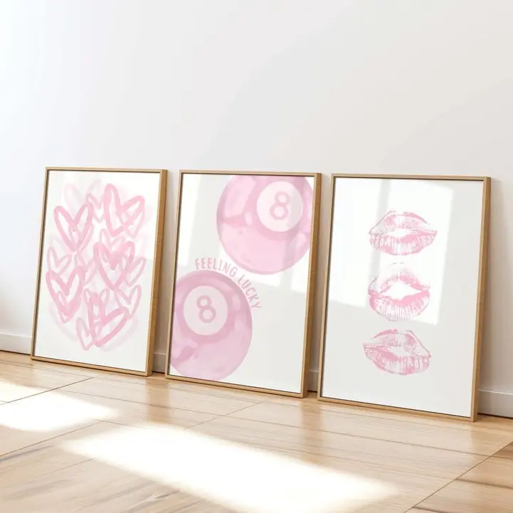 Pink Dorm Room Prints Set of 3, Light Pink Trendy Wall Art, Girly College Apartment Posters, Feeling Lucky 8 Ball Print