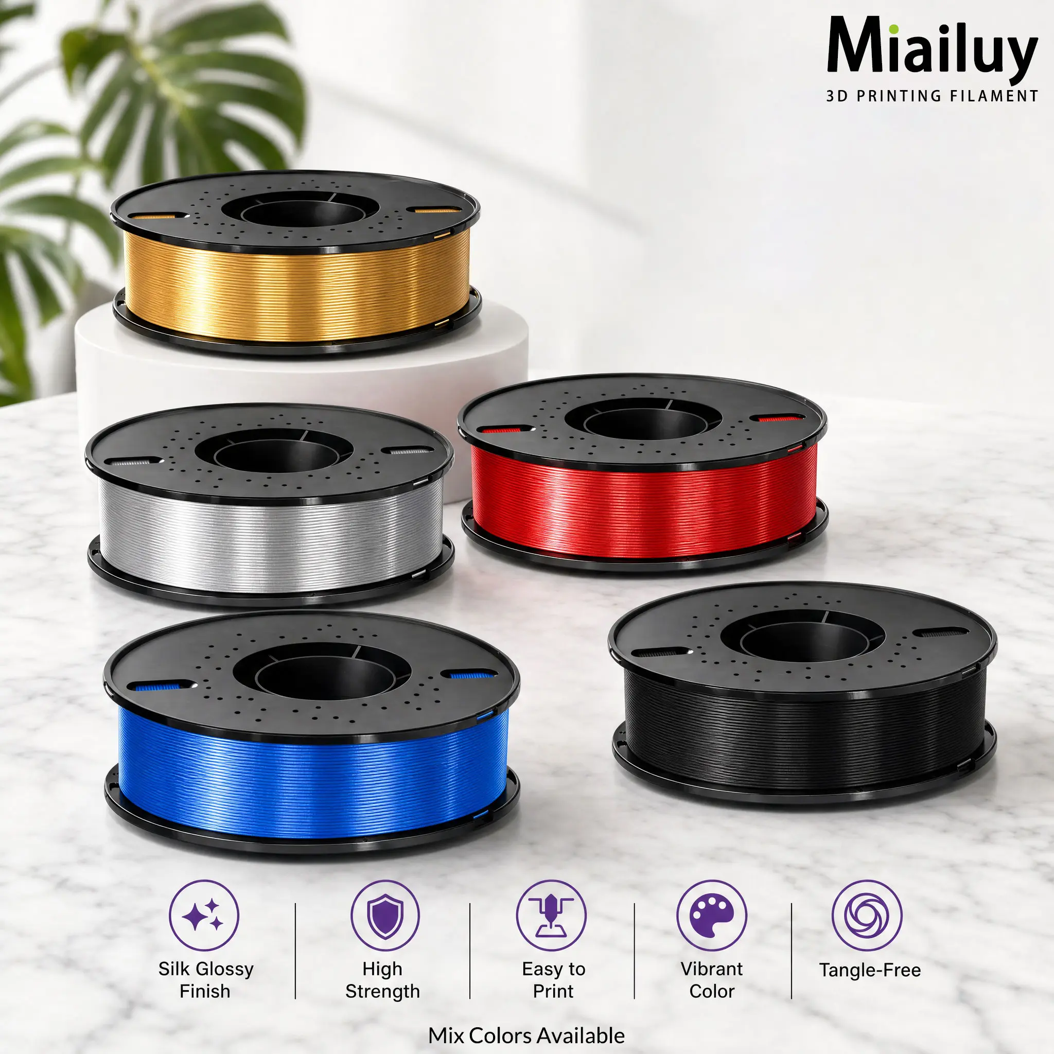 Miailuy 3D Printing Supplies PLA+ Filament, 1.75mm 1kg (2.2lb) Spool, Vacuum-Sealed with Desiccant, Tangle-Free, Clog-Free, Opaque Colors, Smooth Prints, High Compatibility for FDM Printers & Anycubic Models, Ideal for All Skill Levels, Easy Printing For
