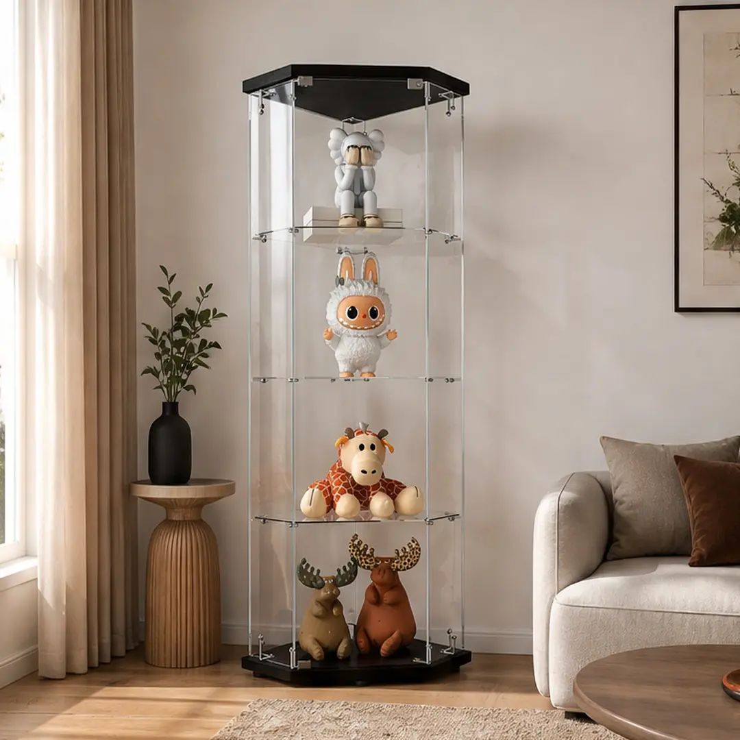 ARCH 4-Tier Pentagon Glass Display Cabinet with LED Lights, Tempered Shelves, Dust-Proof Floor Standing Cupboard for Living Room, Quick Assembly Showcase for Collectibles (Black), Four-Tier Glass Cabinets