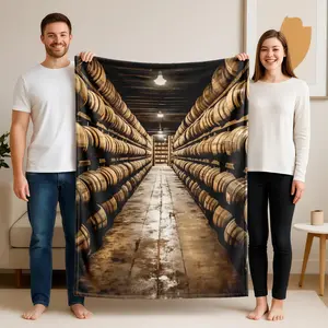 1 piece Whisky cellar aging barrel storage room themed flannel blanket - Oversized comfortable flannel sofa blanket, suitable for beds and sofas, modern geometric pattern design, all-season use, digital printing, 100% polyester material, machine