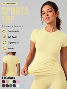 Women's Short Sleeve Athletic Top Solid Color High Stretch Soft Comfortable Breathable Slim Fit Sports T Shirt, Dry Fit Tees Pilates Shaping Yoga Gym Workout Moisture Wicking Quick Dry Top Outdoor Running Daily Wear