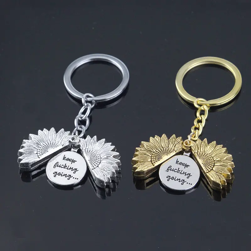 Sunflower Locket Keychain - Inspirational "Keep Fucking Going" Hidden Message Keyring, Motivational Gift for Friends & Family
