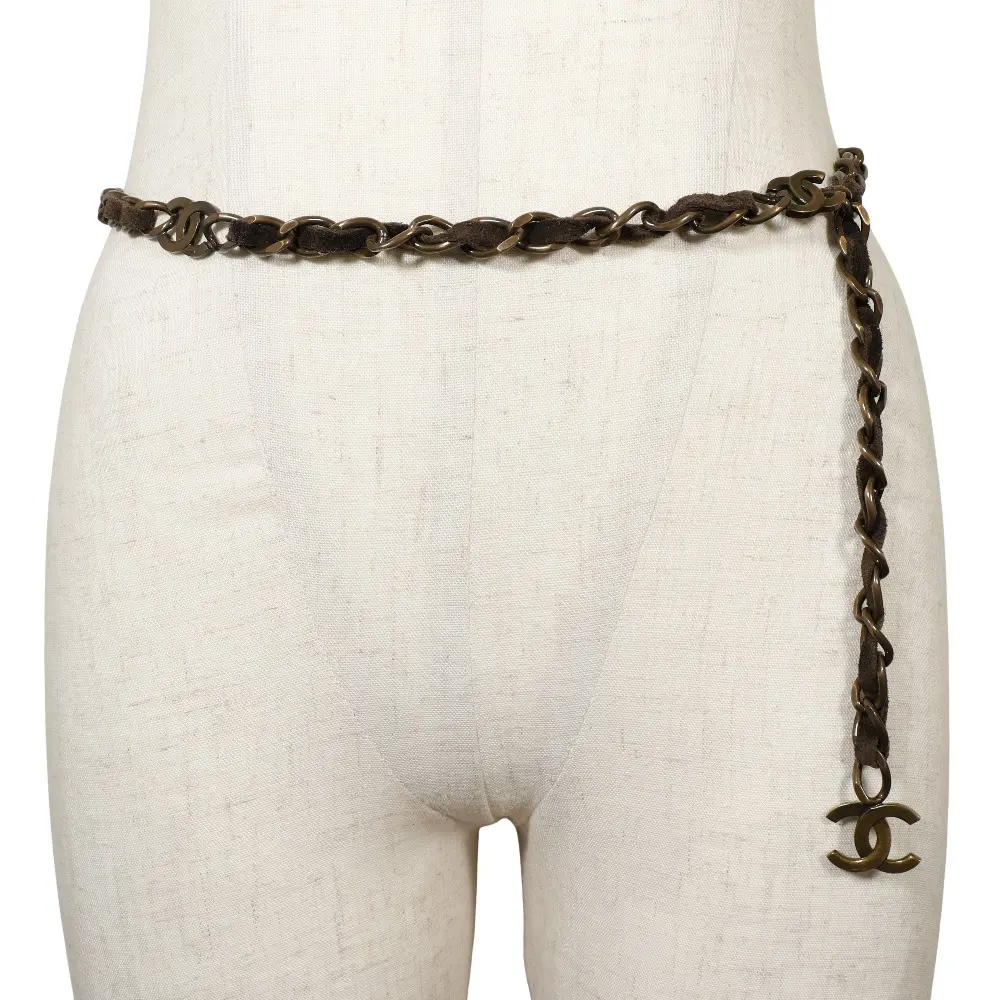 Pre-owned CHANEL Stainless Small Leather Goods Chain Belt Gold Plated Suede