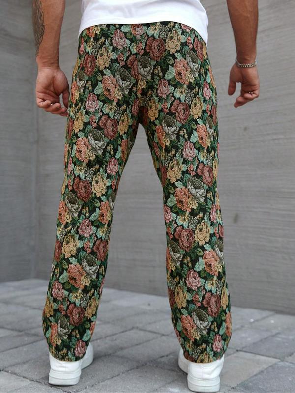 Men's Casual Floral Woven Pants, Elastic Drawstring Waist, Loose Fit, Perfect for Beach Vacation & Music Festivals