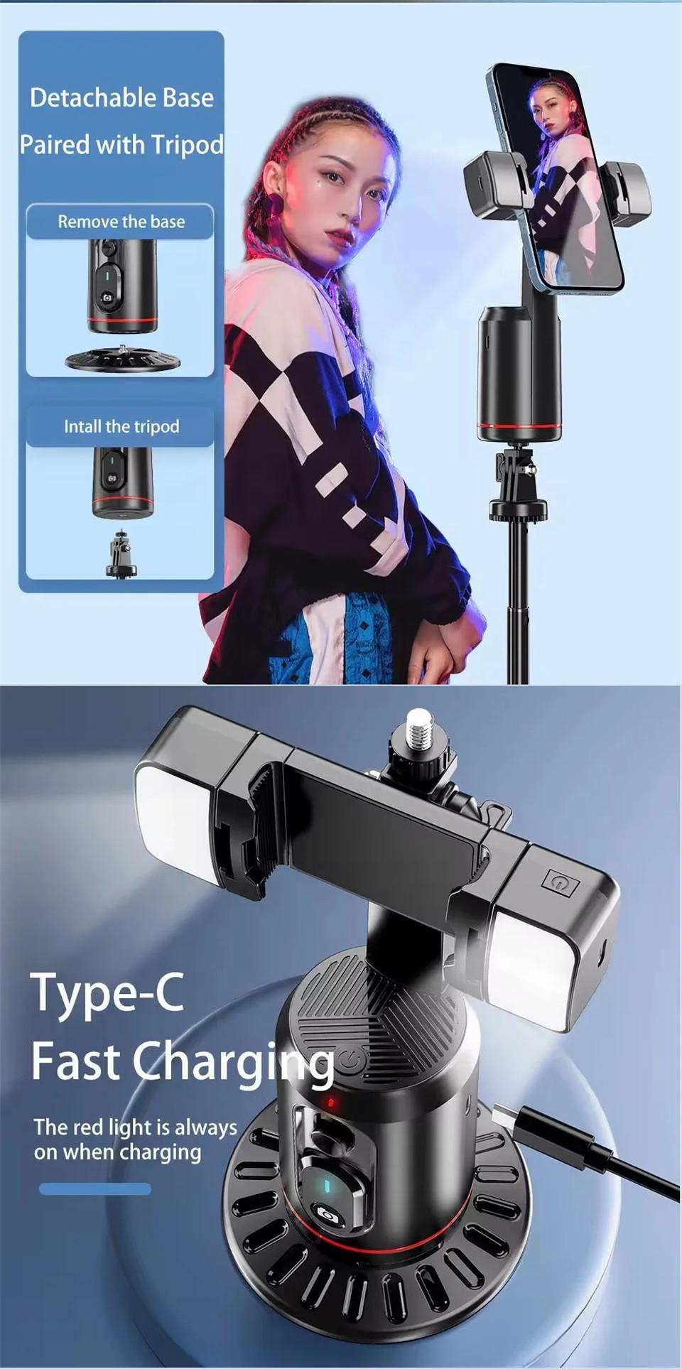 360° Rotation Gimbal Stabilizer Tripod Selfie Stick Desktop Face Tracking with Bluetooth Remote Shutter Light Holder