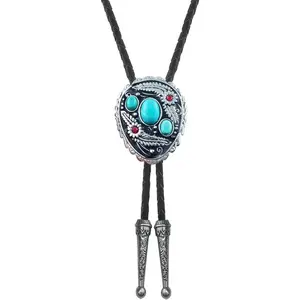 Vintage Native American Western Cowboy Blue Natural Turquoise Stone Bolo Tie Hand-woven Leather Bola Tie Necktie for Men