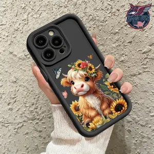 Cute Baby Highland Cow Sunflower Floral Pattern Case for iPhone 17 16 15 14 Pro Max 13 12 11 XR XS Plus Air Slim Shockproof Protective TPU Cover phone case promax design
