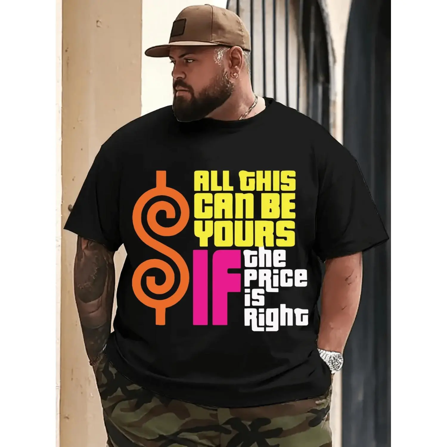 Retro Theme Slogan Sports Top for Men - Classic Heavyweight Round Neck Short Sleeve Unisex Oversize Relaxed Cut "Price Is Right" Print Multi-Size Casual Wear T-Shirt, Graphic, Slogan Sports Tops