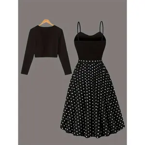 Slim two-piece dress set featuring an elegant long-sleeve open-front top paired with a spaghetti-strap dress tied at the waist; women’s clothing suitable for formal wear, workwear, and casual occasions.