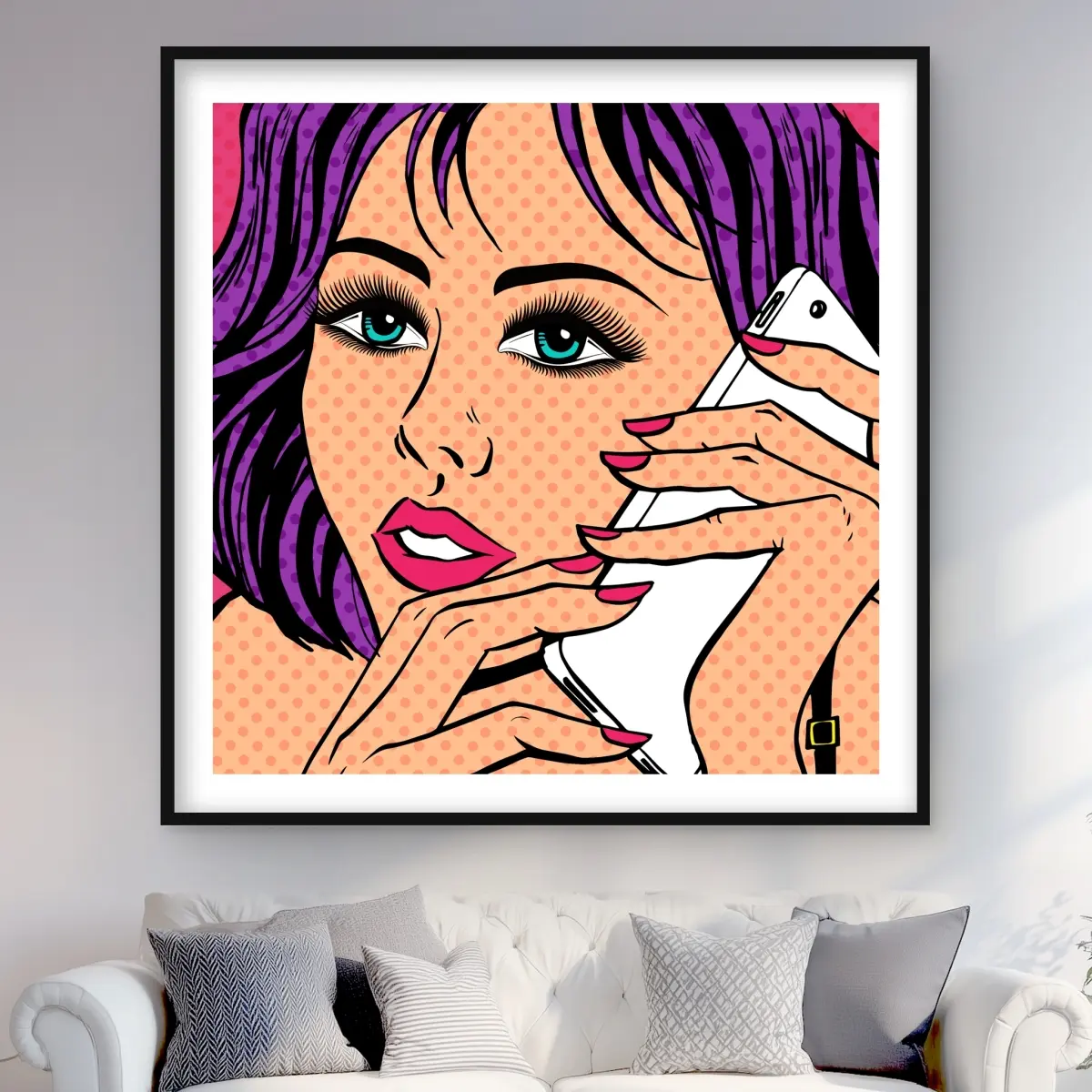 Begin Home Decor C1FM4848WBMYLP 48 x 48 in. Pop Art Style Lady On Phone - Retro Bedroom Framed Print Wall Art