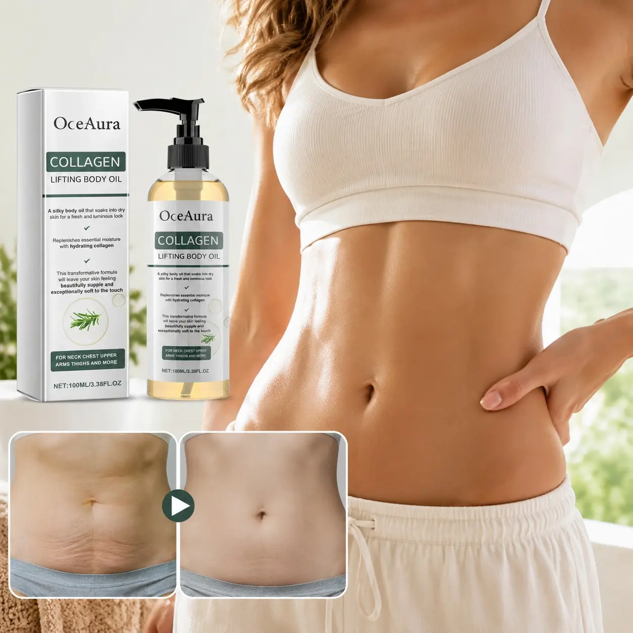 Collagen Body Oil for Firming Skin, Anti Aging Massage Oil, Hydrating & Nourishing, for Stretch Marks, Belly, Arms, Cellulite, All Skin Types, Firming Tightening Oil, Body Care