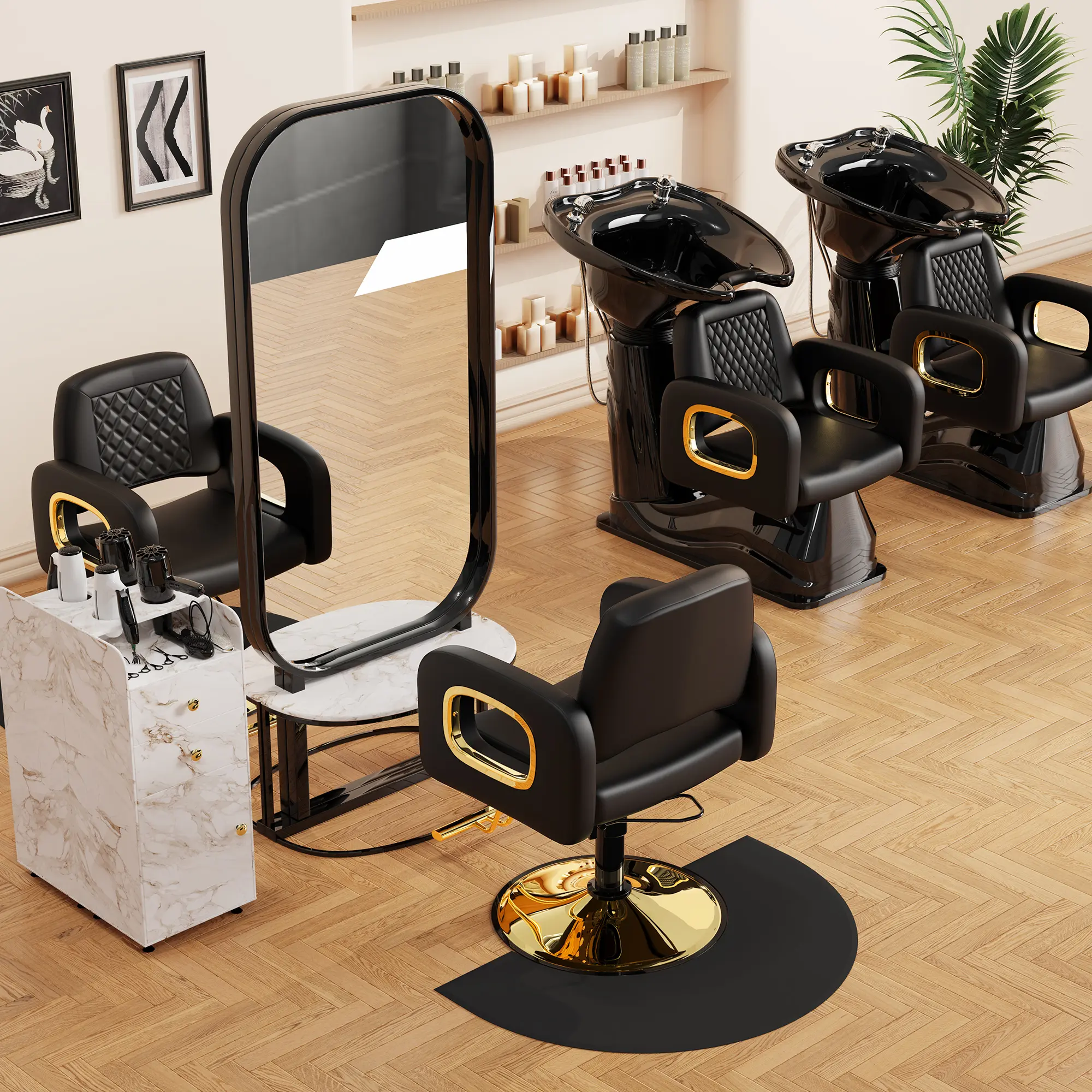 Baasha Black Gold Salon Chair & Shampoo Chair Bowl Set  display picture 1