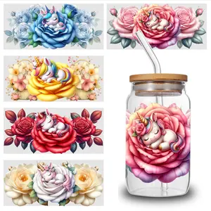 5 Sheets Unicorn Rose UV DTF Stickers Cartoon UV DTF Transfer Sticker for Water Cup Glass Bottle Glass Jar, Cup Wrap Sticker, Cartoon Decal, Waterproof Decorative