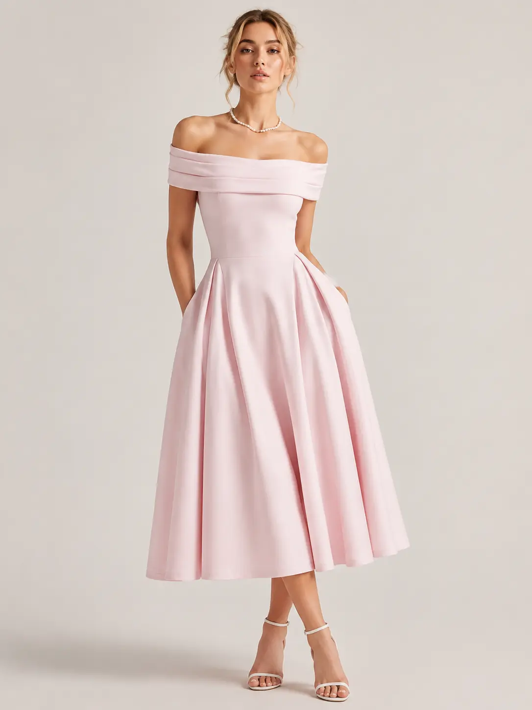 2026 Spring Elegant Off The Shoulder Midi A Line Dress High Waist Backless Pleated Flared Outfit For Daily Casual Shopping Business Dinner Date Night Wedding Guest Bridal Shower Sophisticated Classy Romantic Women Formal Party Gown