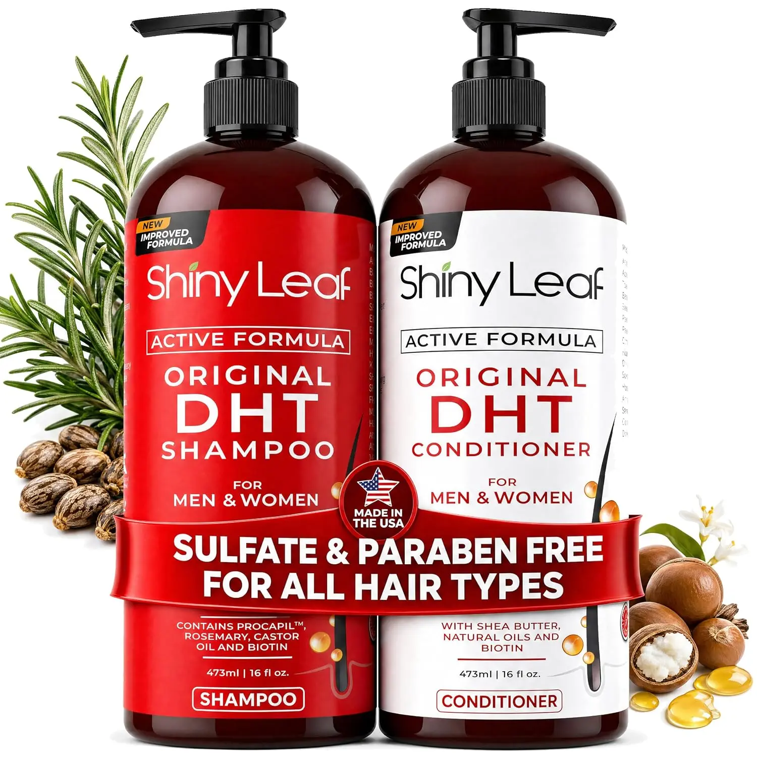 Shiny Leaf DHT Blocker Shampoo and Conditioner Set with Biotin - 16 oz 2-Piece Hair Thickening Treatment with Rosemary Oil & Asparagus Extract