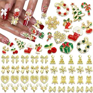 62PCS Christmas Nail Charms 3D Snowflake Santa Claus Charm and Gems Rhinestone Jingle Bell Elk Gold Nails Art Jewelry for Manicure Design Decoration Accessories