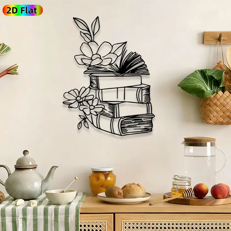1pc Book Stack with Floral Accents Metal Wall Art, Vintage wall art, Stacked Books and Flowers wall Scupltures Mural, Intricate Craftsmanship, Perfect for Housewarming, Anniversary Decor, Home Decor, Aesthetic Wall Decor, Ideal Gift for Book Lovers