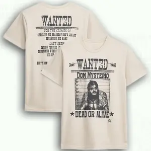 Men’s Wrestling Graphic T-Shirt, Dominik Mysterio Wanted Poster Tee Retro Outlaw Fan Aesthetic Shirt, Bold Streetwear Style, Casual Outfit Gift for Wrestling Fans