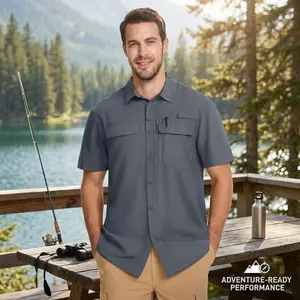 Men's UPF 50+ Fishing Shirt Short Sleeve Sun Protection Quick Dry Cooling Button Down Shirt for Hiking Safari Outdoor Activities - Breathable Lightweight Comfortable Casual Wear