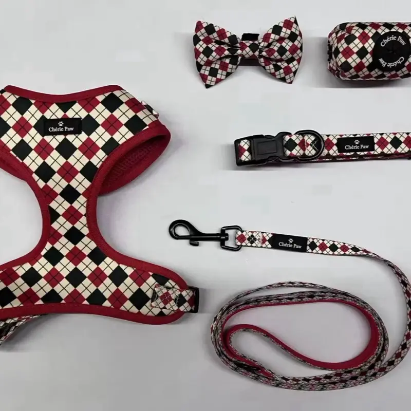 Chérie Paw Holiday Plaid Harness Set – 5-in-1 Matching Dog Harness, Leash, Collar & Bow Tie