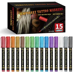 Temporary Tattoo Markers Set, 15-Color Body Art Pens, Flexible Brush Tips, Bright Colors, Halloween Makeup & Cosmetics