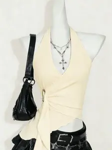 Chic Slim Fit Backless Halter Neck V Neck Top with Metal Buckle, Trendy Fashionable Style Strap Design for Women, Perfect for Parties and Outings