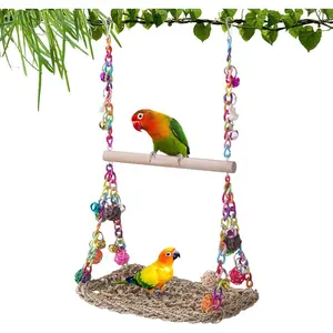 FrgKbTm Bird Swing Toys with Wood Perch, Seagrass Woven Parrot Platform Bird Climbing Hanging Hammock Bird Perch Stand Chewing Toy for Parakeets,Budgie, Conure, Cockatiel,Lovebird