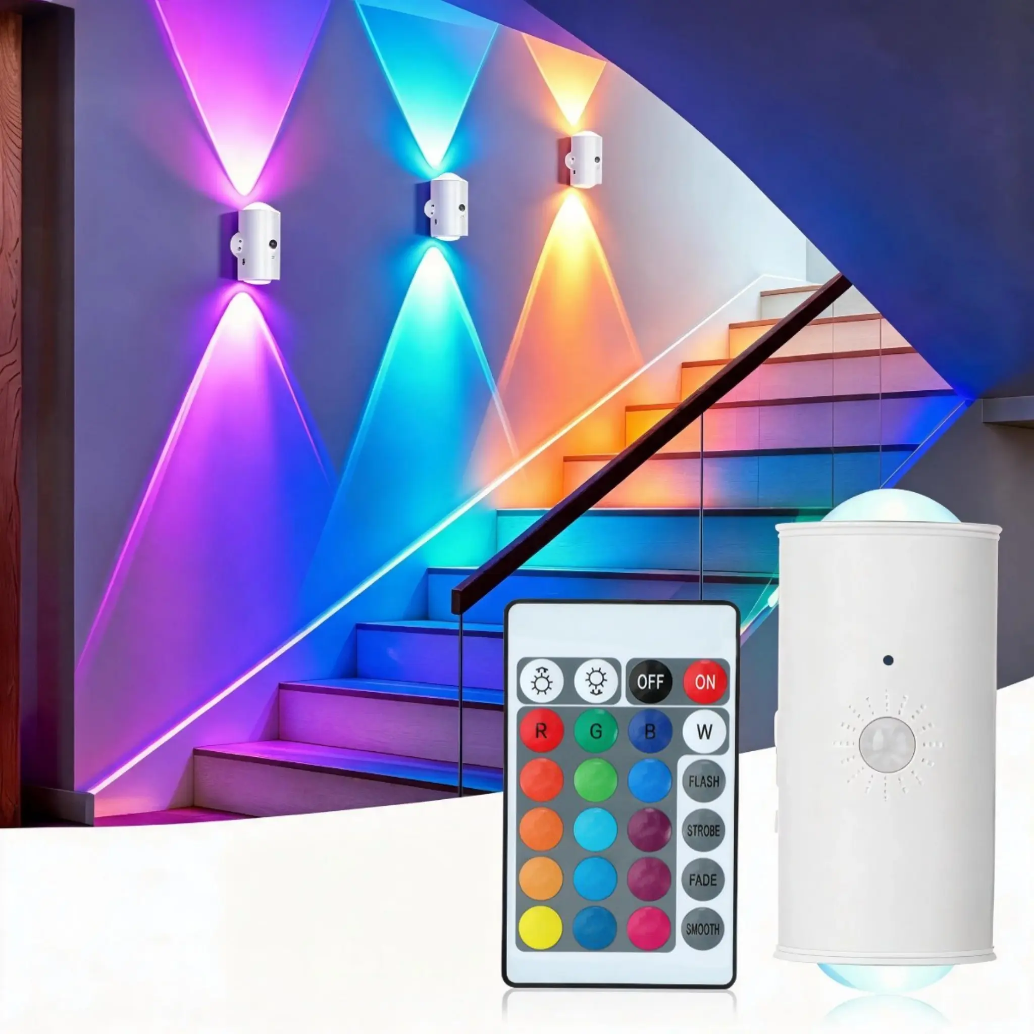Smart Rechargeable Night Light with Motion Sensor – 16 RGB Dynamic Ambient Wall Lamp with Remote, Magnetic & Stick-On Mounting, USB Rechargeable & Cordless – Ideal for Home Decor, Stairs, Hallways, Courtyards, and Doorways