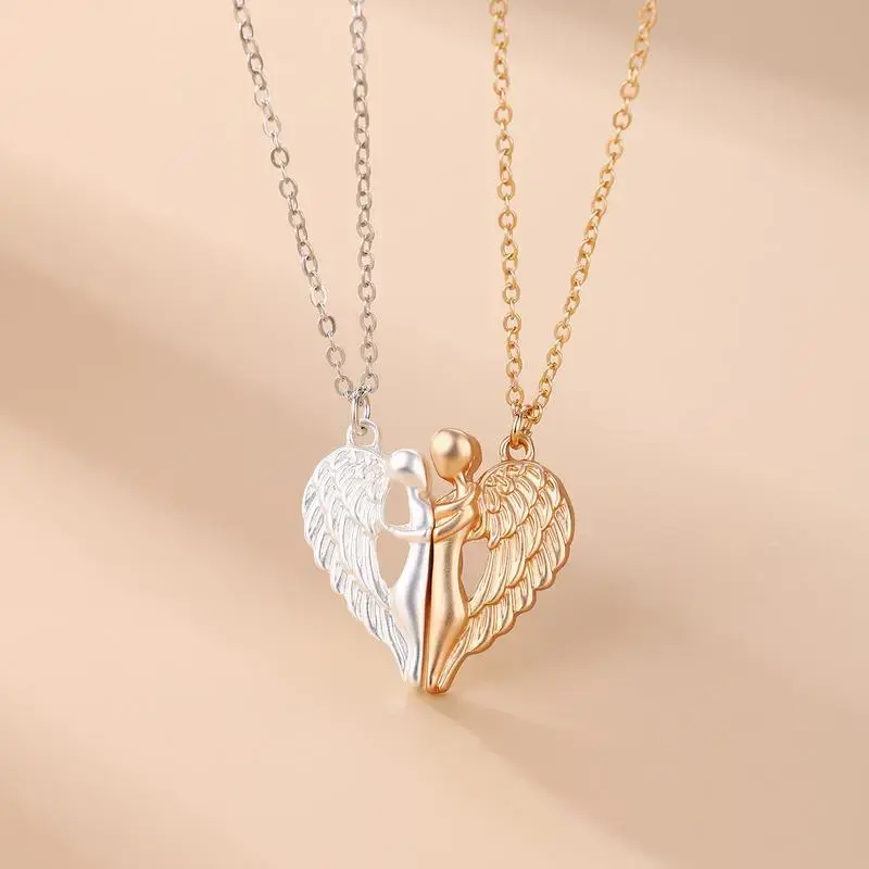 Couple Magnetic Angel Wings Hugging Heart Pendant Necklace, Devil Wings Magnet Design, Valentine’s Day Gift Collarbone Chain