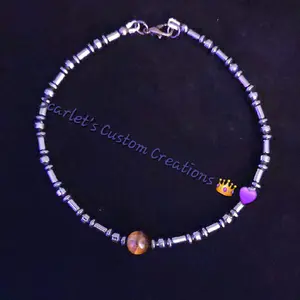 Carlet's Custom Creations Beaded Anklet with various designs like, Purple Heart, marble, Hematite and Tiger Eye Bead Design