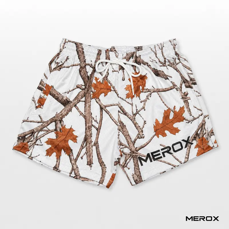 MEROX Unisex 5-in Activewear Sports Shorts - Cool, Breathable Workout Wear with Zipper Pockets, Arctic/Snow/Realistic White Camouflage