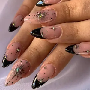 24PCS Black French Tip Press On Nails – Medium Almond False Nails with Gold Glitter and Rhinestones, Glossy Reusable Glue On Nails for Women Night Glam Look